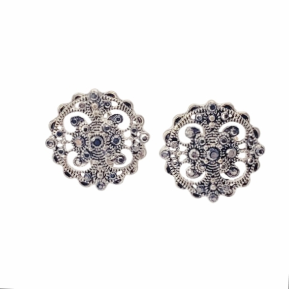 0013 Elegant Silver Marcasite Medallion Disc Stud Clip Earrings